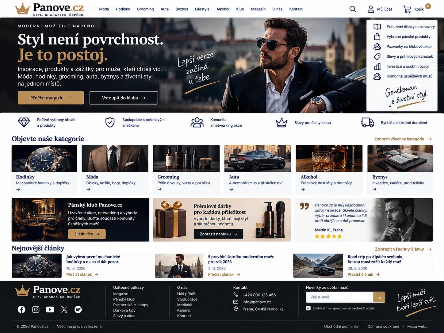 Ilustrační pánský magazín v černé, bílé a zlaté s módou, hodinkami, groomingem a klubem